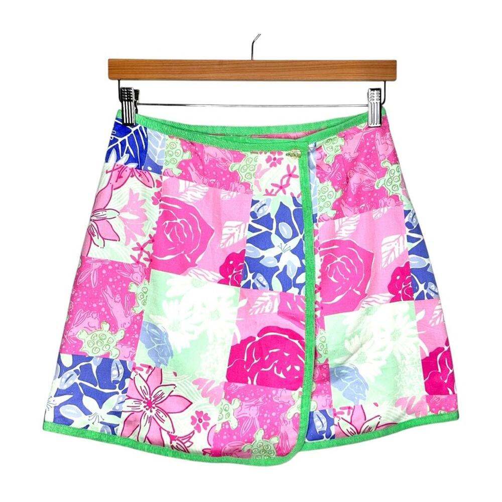 Lilly Pulitzer Floral Patchwork Wrap Mini Skirt fits size XS Turtle Reversible